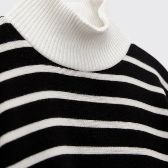 Zara Black White Striped Rib Trim Long Sleeve Mock Neck Pullover Sweater (NWT) - Picture 7 of 10